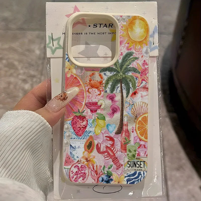 Phone case with tropical design held by a hand, displayed against a neutral background.