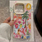 Phone case with tropical design held by a hand, displayed against a neutral background.