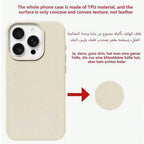 Beige textured TPU phone case shown on a phone mockup with explanatory text in English and Arabic, plus a red arrow pointing to a circular swatch that demonstrates the material color.
