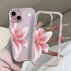 Phone case with pink flower design held by a hand