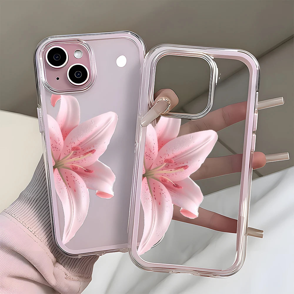 Phone case with pink flower design held by a hand
