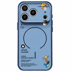 A light blue phone case with a space-themed design, featuring illustrations of planets, astronauts, and text about asteroids, shown on a plain white background.