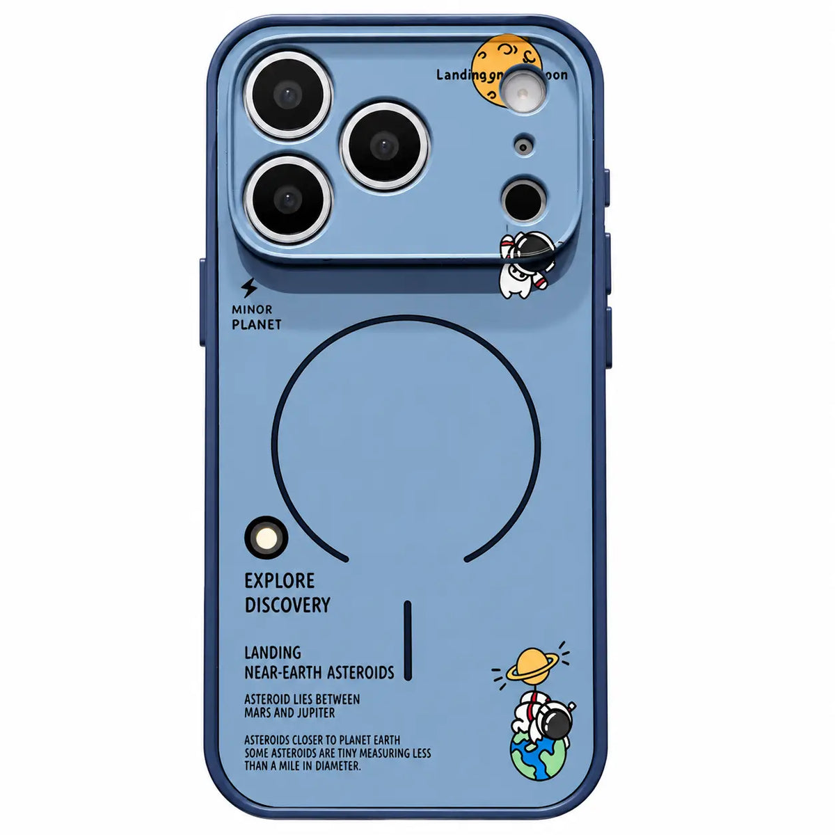 A light blue phone case with a space-themed design, featuring illustrations of planets, astronauts, and text about asteroids, shown on a plain white background.