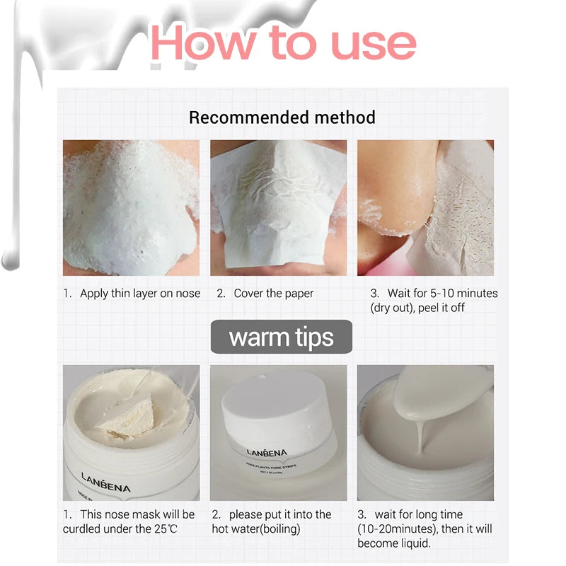LANBENA Blackhead Remover Peel-Off Mask step-by-step paper strip application guide for optimal blackhead extraction