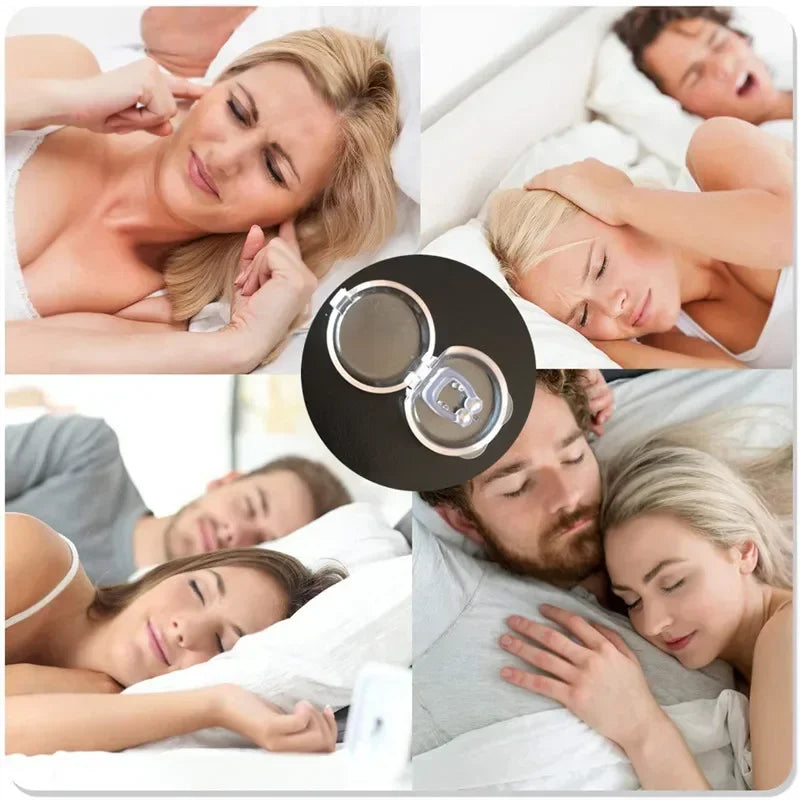 magnetic anti snore nose clip displayed with its protective storage case for clean sleep aid travel use