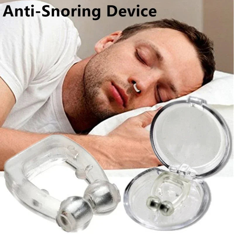magnetic anti snore nose clip used by a sleeping couple for quiet nights and better sleep aid therapy