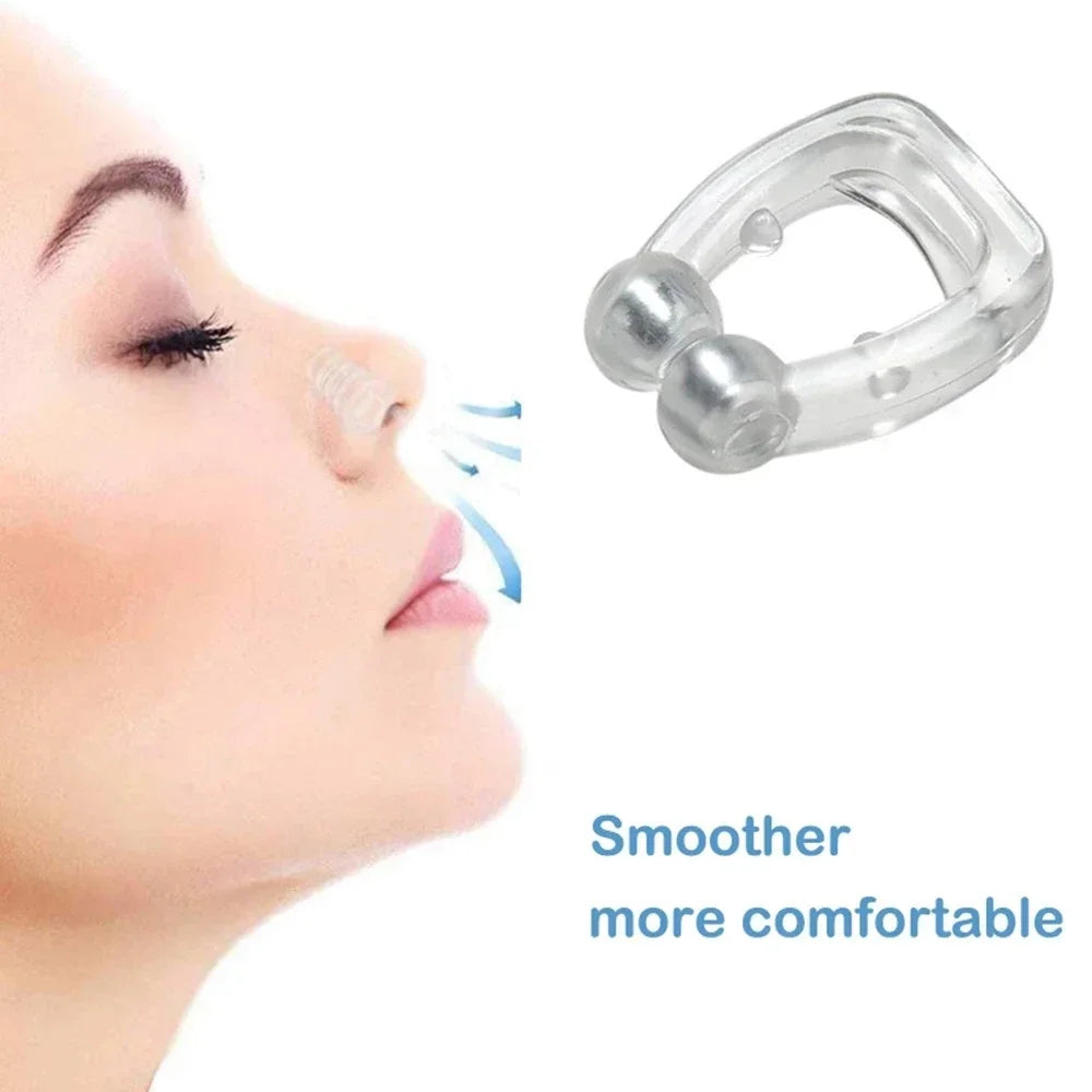 magnetic anti snore nose clip product feature infographic highlighting silicone design and sleep aid benefits