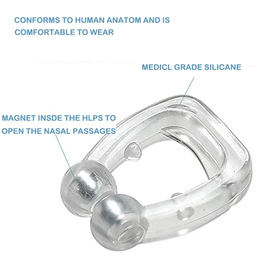 magnetic anti snore nose clip worn on nose profile view for comfortable stop snoring breathing support