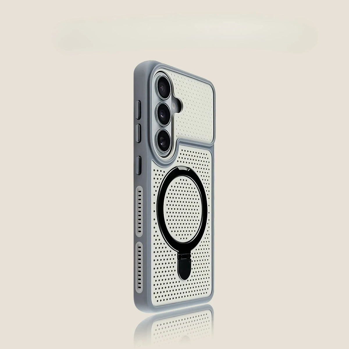 A light gray protective phone case with a textured honeycomb pattern, featuring a black circular MagSafe ring and a built-in kickstand, shown on a light beige background.