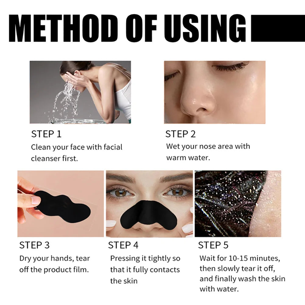Nose Blackhead Remover Mask Strips pore extraction process infographic for shrinking enlarged pores