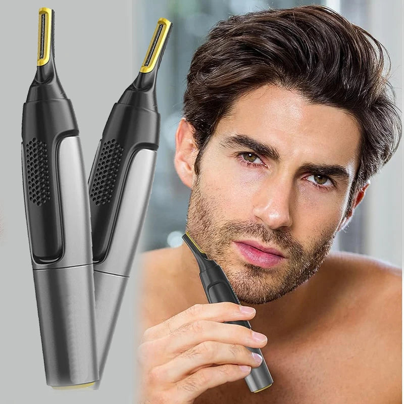 man holding nose ear and face trimmer for daily facial hair grooming and electric shaver care