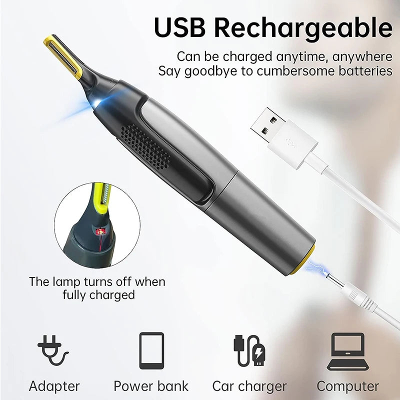 nose ear and face trimmer with usb charging cable showing versatile power options for travel grooming