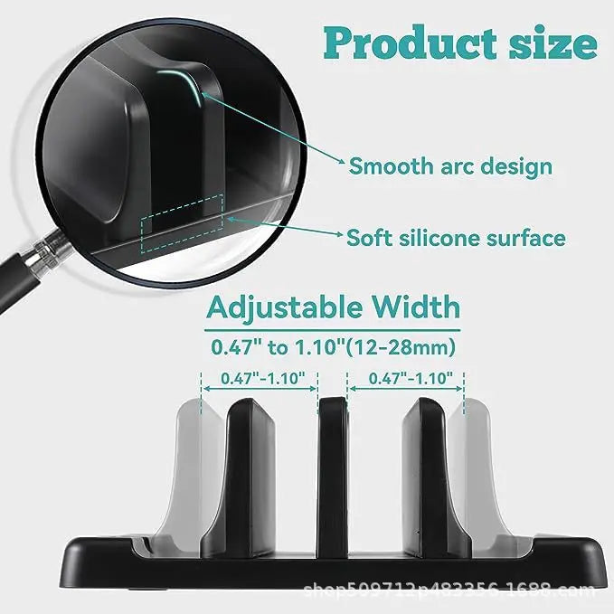 Office Laptop Stand Vertical dimension diagram showing adjustable width mechanism for a perfect fit on any laptop.