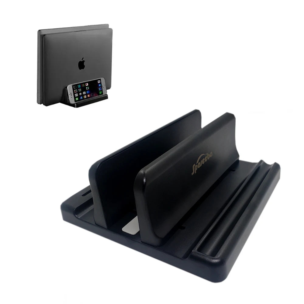 Office Laptop Stand Vertical rear view showing clean cable management alignment to keep charging cables untangled.