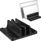 Office Laptop Stand Vertical angled view holding single closed laptop to provide stable vertical storage on narrow desks.