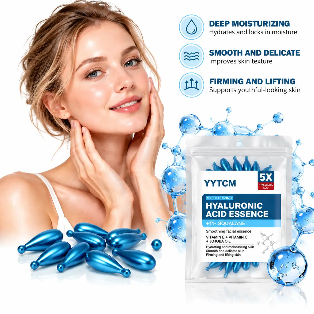 A woman with glowing skin poses beside a pouch of YYTCM Hyaluronic Acid Essence ampoules, with several blue ampoules arranged in front and marketing text on the right highlighting deep moisturizing, smooth and delicate skin, and firming and lifting benefits.