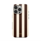 Phone case with brown and beige vertical stripes on a white background