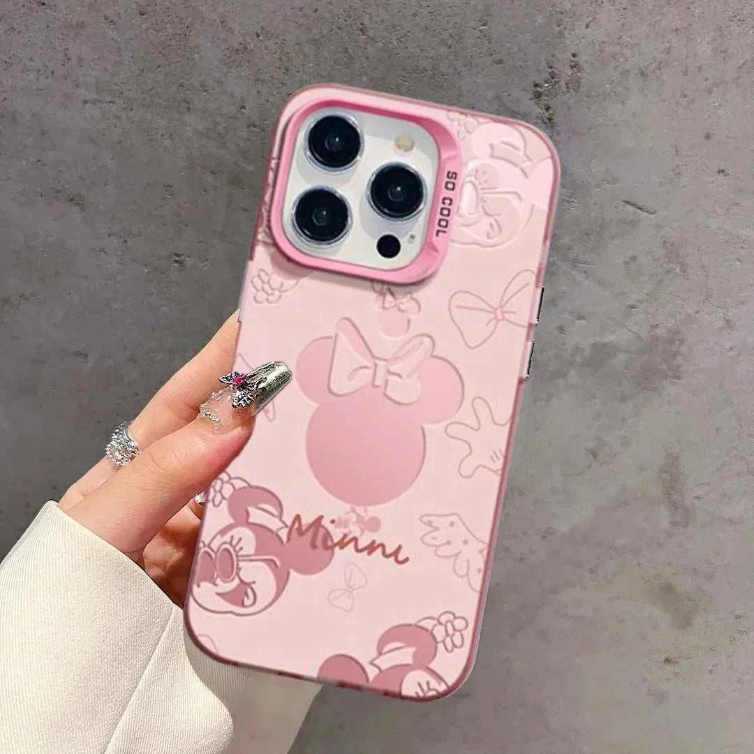 Matte pink cute cartoon mouse print cell phone cover held in hand.