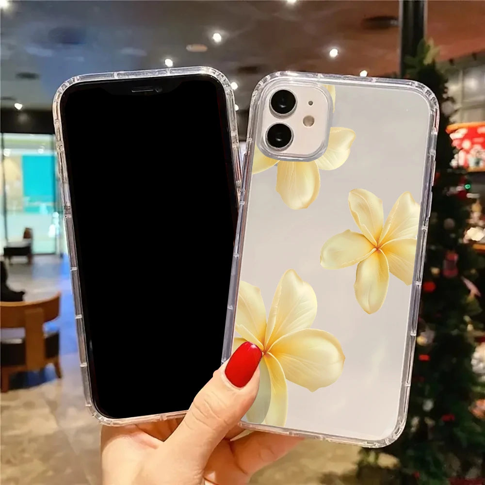 Phone case with yellow flower design held by a hand in a mall setting