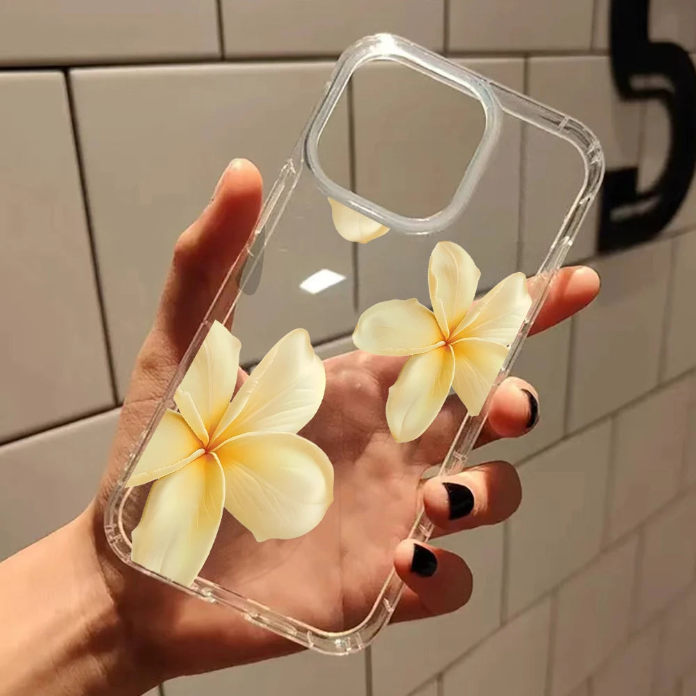 Clear phone case with yellow flowers held by a hand against a tiled wall.