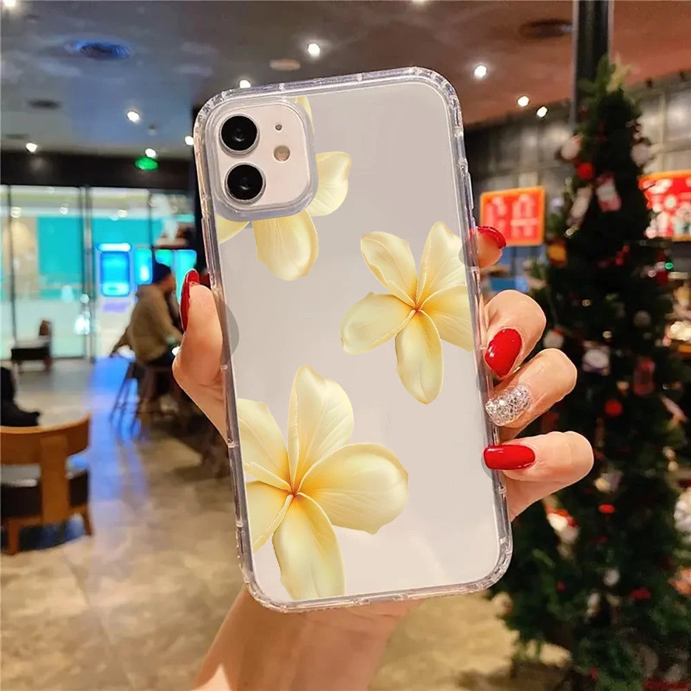 Phone case with yellow floral design held by a person in a mall setting