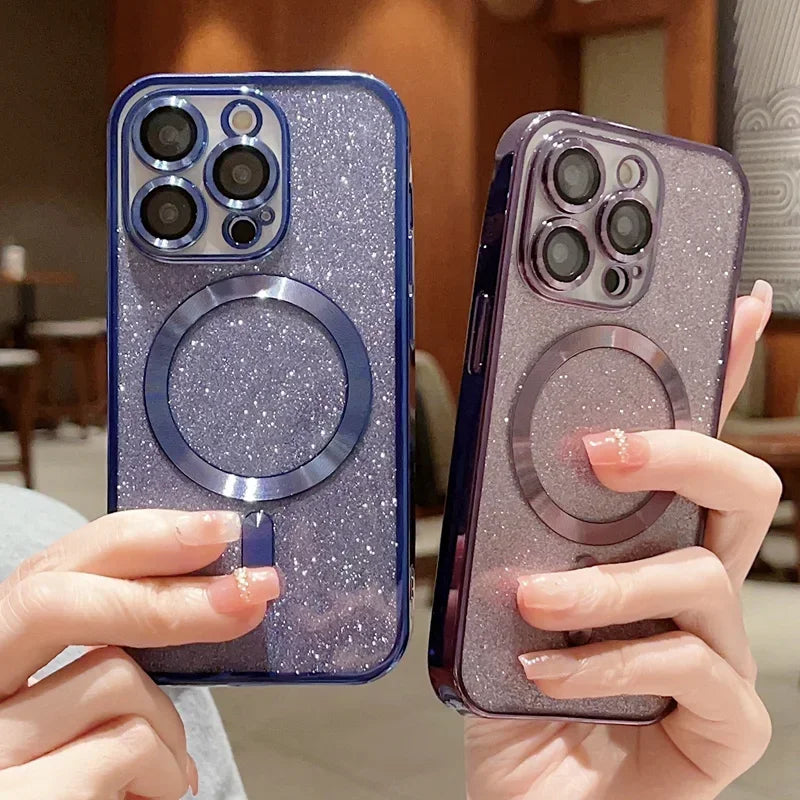 Two glittery phone cases with ring holders held by hands.