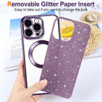 Purple glitter phone case with text on a white background