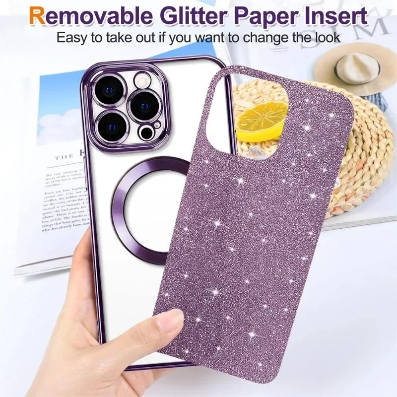 Purple glitter phone case with text on a white background