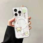 Phone case with cartoon design held by a person against a neutral background