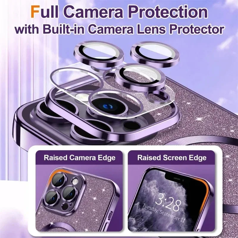 Camera lens protector with raised camera and screen edges on a phone, on a purple gradient background.