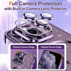 Camera lens protector with raised camera and screen edges on a phone, on a purple gradient background.