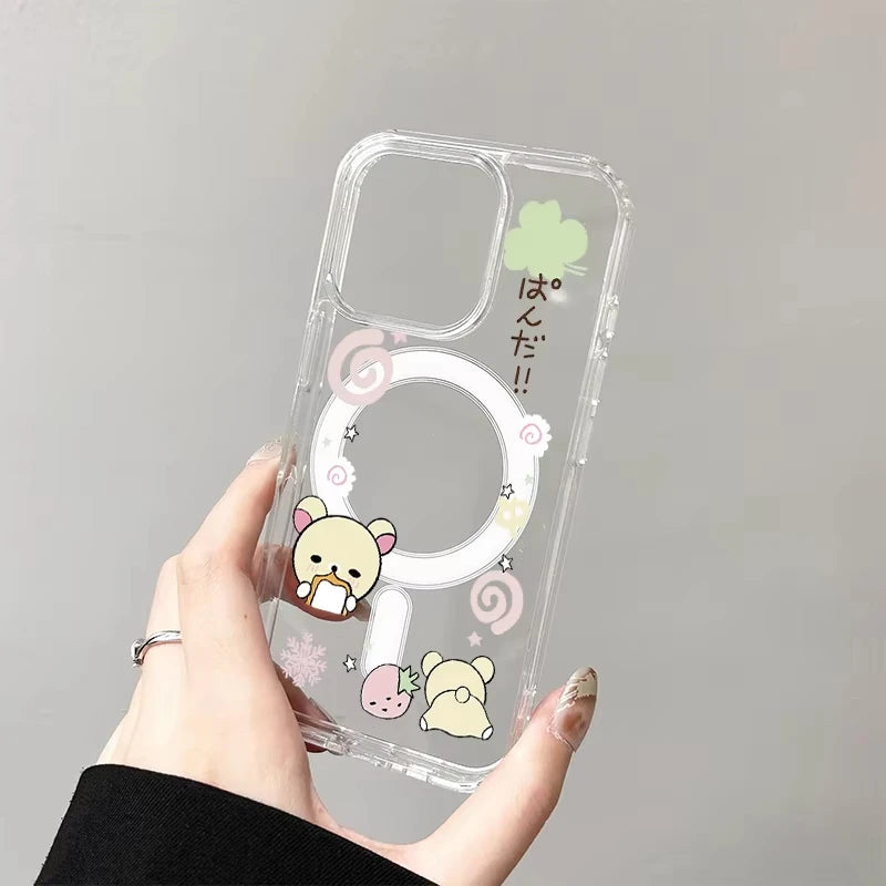 Clear phone case with cartoon characters held by a hand on a gray background