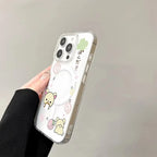 Phone case with cartoon designs held by a hand against a neutral background