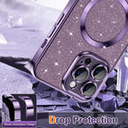 Purple glittery phone case with shock absorption design on a textured background