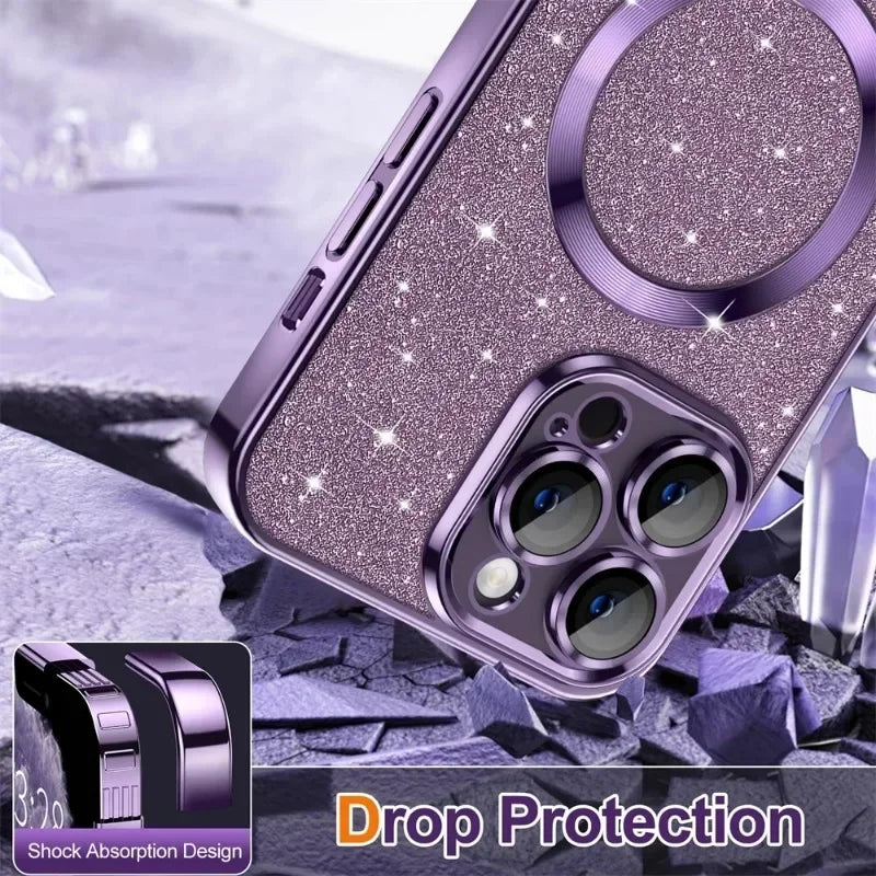 Purple glittery phone case with shock absorption design on a textured background