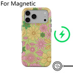 A phone case with a retro floral pattern in pink, yellow, and green on a light green background, shown on a phone mockup. The image includes 'For Magnetic' text at the top, a green charging symbol, and a magnetic attachment icon at the bottom right.