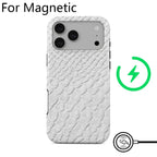 A white textured phone case with an embossed reptile or snakeskin pattern, shown on a light gray smartphone. The image includes text reading 'For Magnetic' at the top left, a green circular lightning icon on the right, and a magnetic charging symbol at the bottom right.