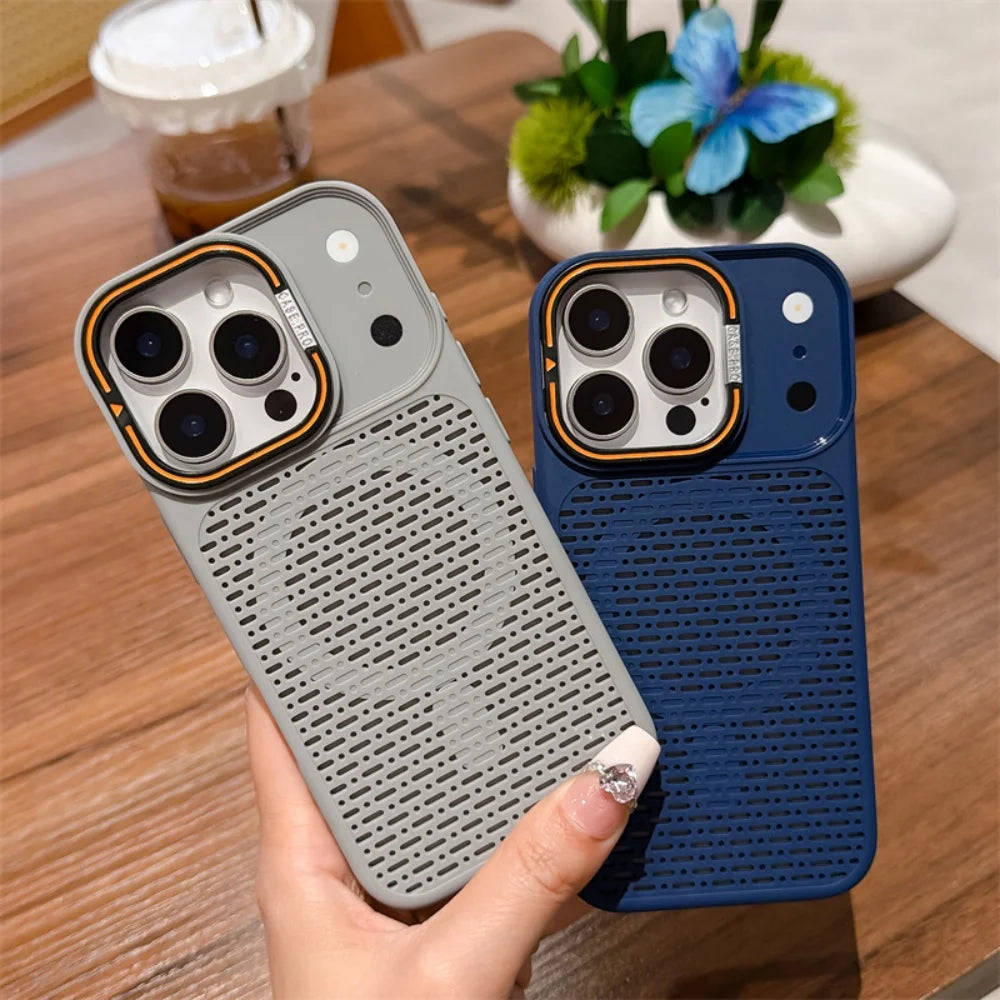 Two textured magnetic phone cases, one light gray and one dark blue, held in a hand over a wooden table background.