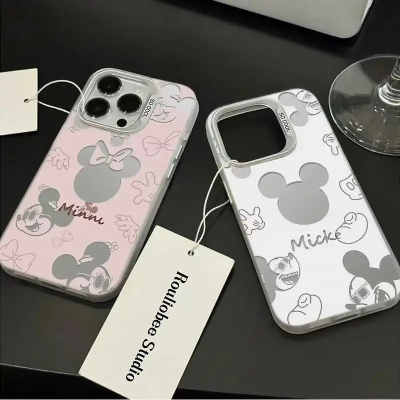 White matte phone cover with black line art cartoon mouse sketches.