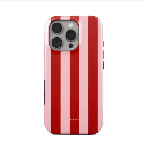 Phone case with red and pink vertical stripes on a white background