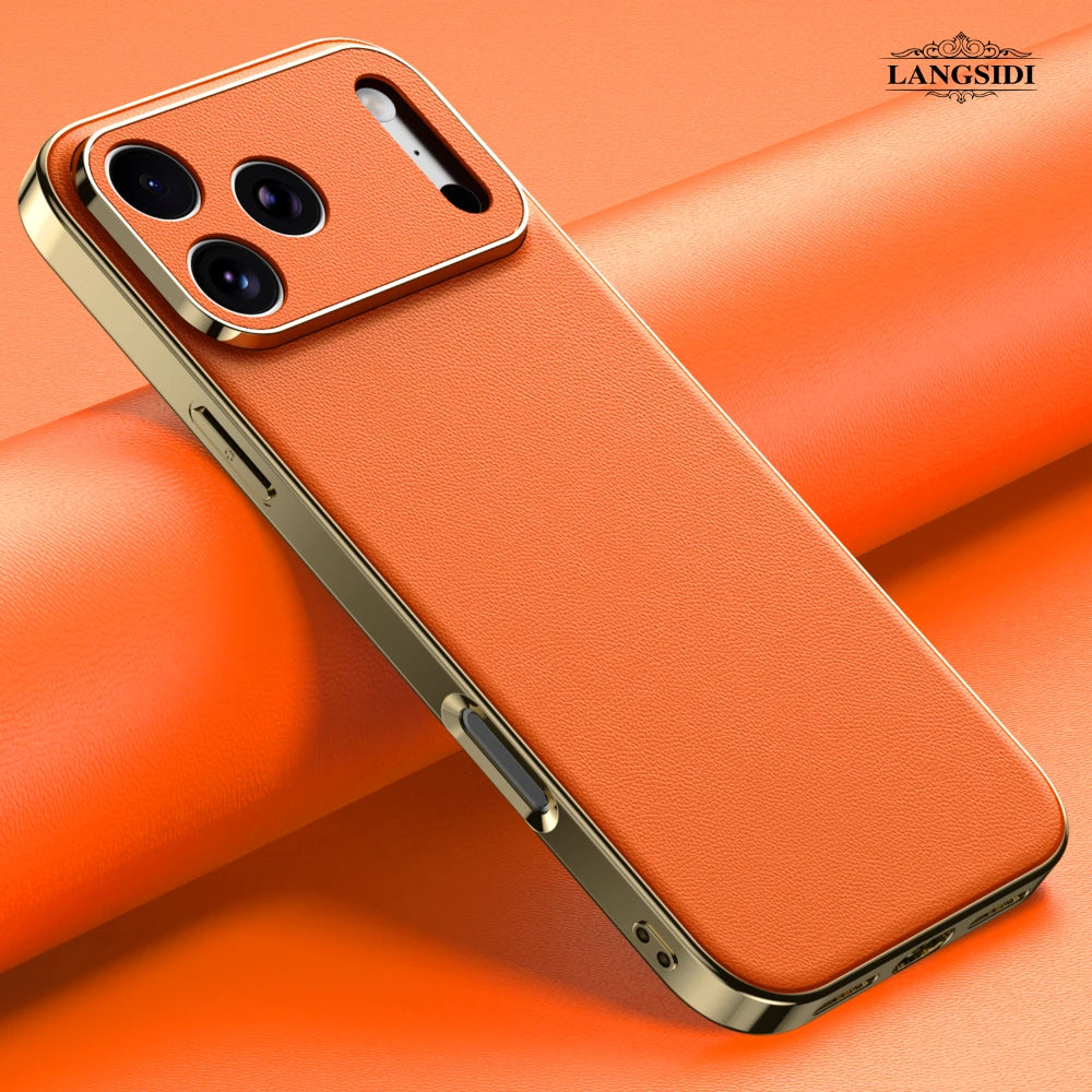 Orange phone case with gold edge on an orange background, featuring the brand 'LANGSIDI'.