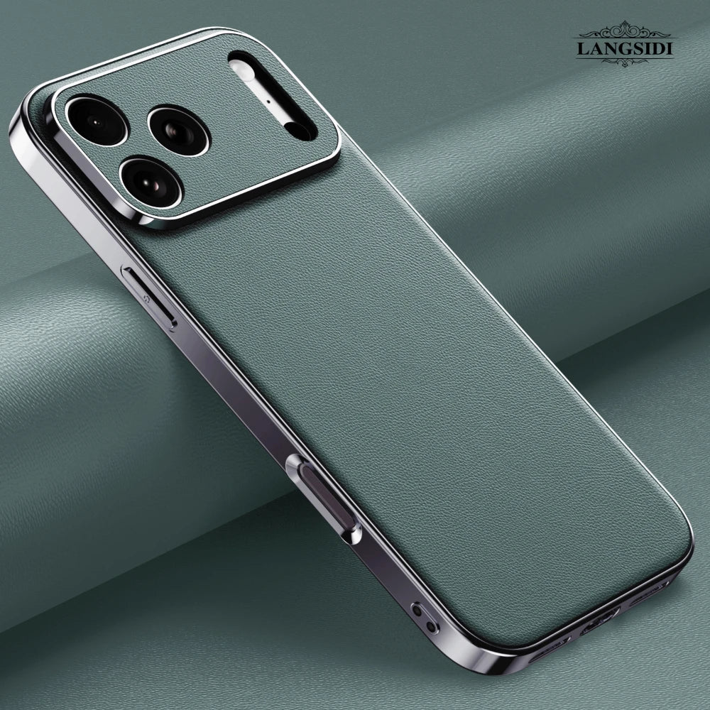 Green phone case with metallic edge on a green background, featuring the brand 'LANGSIDI'.