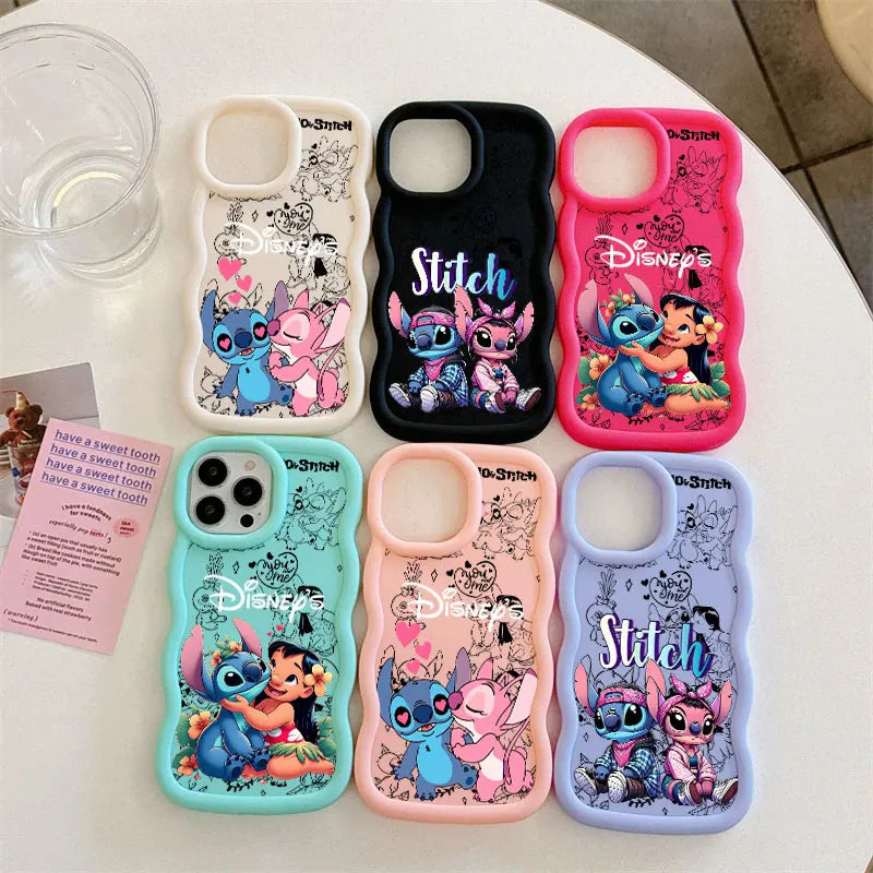 Six Disney Stitch phone cases arranged on a white tabletop, each in a different pastel or solid color: cream, black, hot pink, mint green, peach pink, and lavender. Each case features cartoon Stitch and Angel artwork with Disney branding.