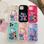 Six Disney Stitch phone cases arranged on a white tabletop, each in a different pastel or solid color: cream, black, hot pink, mint green, peach pink, and lavender. Each case features cartoon Stitch and Angel artwork with Disney branding.
