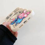 A hand holding a cream-colored phone case featuring a cartoon character print in pink and blue, with black doodle-style text and line art, against a plain light background.