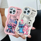 Two cartoon phone cases held in a person's hands. One case is pink with Stitch and Angel illustrations, and the other is white with black line art of Stitch and Angel with pink hearts.