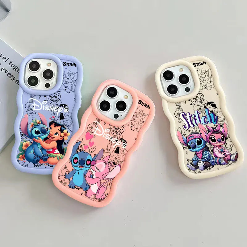 Three Disney Stitch phone cases in pastel blue, pink, and cream colors, decorated with cartoon illustrations of Stitch and other Disney characters, displayed on a light gray surface.