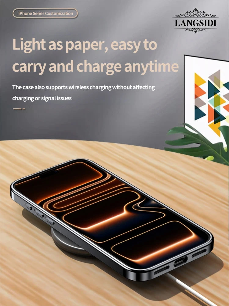Wireless charging case for smartphone on a wooden surface with LANGSIDI branding.