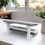Portable adjustable desktop laptop stand setup on office desk