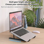 Portable laptop cooling pad stand set up on office desk with elevated screen